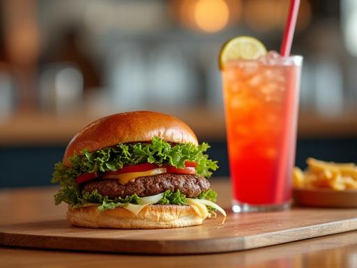 Burger und ein Getränk an der Snackbar